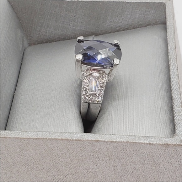 Checkerboard Cut Genuine Tanzanite & Diamond Simulant 925 Sterling Silver Ring - Picture 2 of 7